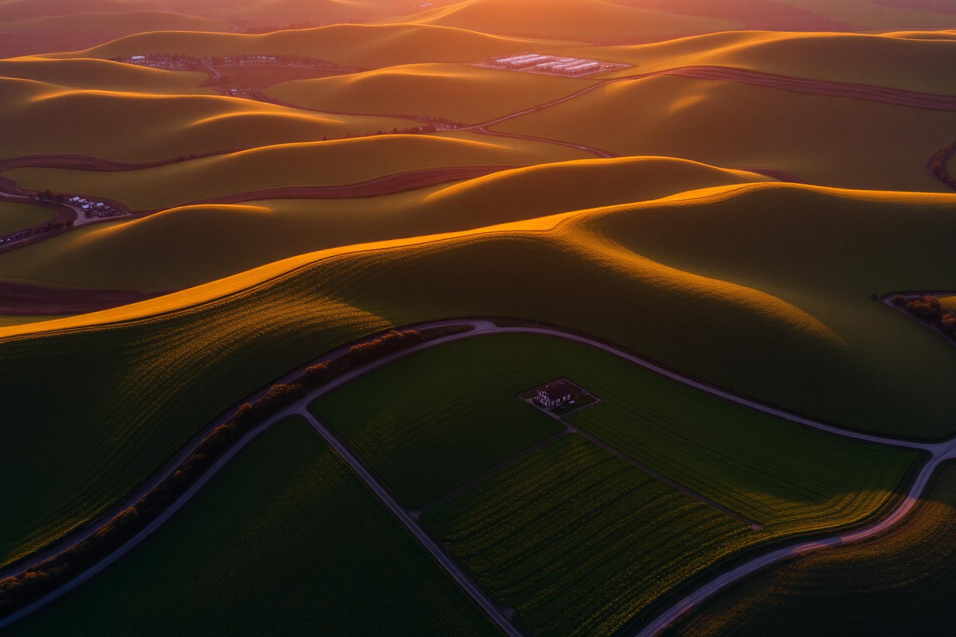 Aerial view of green farmland at golden hour